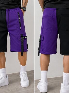 Men's Two-Tone Purple & Black Cargo Shorts with Utility Straps